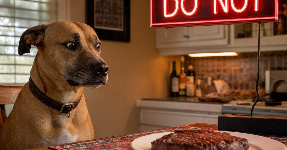 A dog sits rigid in front of a steak on a table. It strains not to look at it. A neon sign hangs above the plate