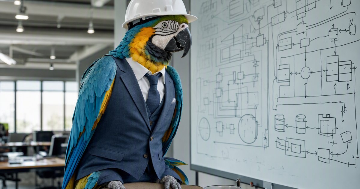 A macaw parrot in a tailored business suit and hard hat sits in front of a whiteboard. The board is covered in system diagrams