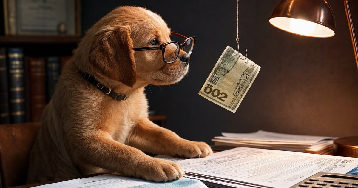 A puppy in reading glasses sits at a desk of tax forms. A folded banknote dangles on a line above its nose