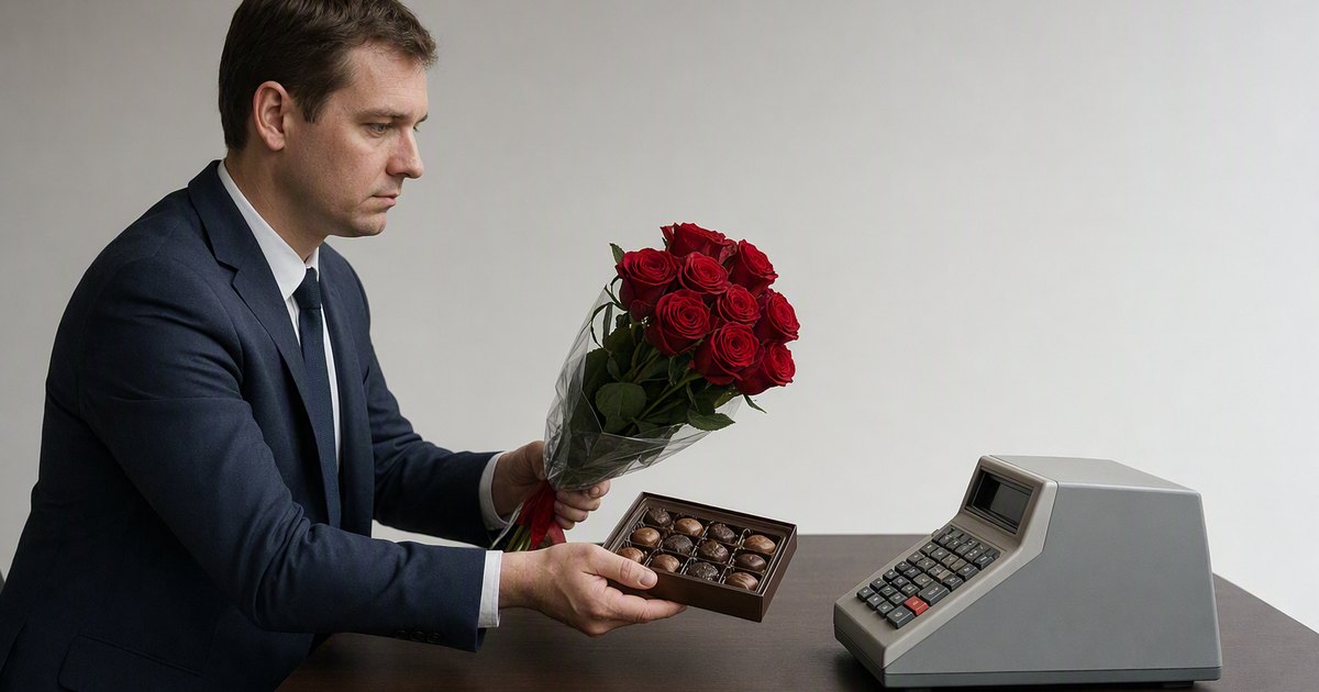 A man in a suit presents a bouquet of roses to a grey desktop calculator. A box of chocolates lies beside it