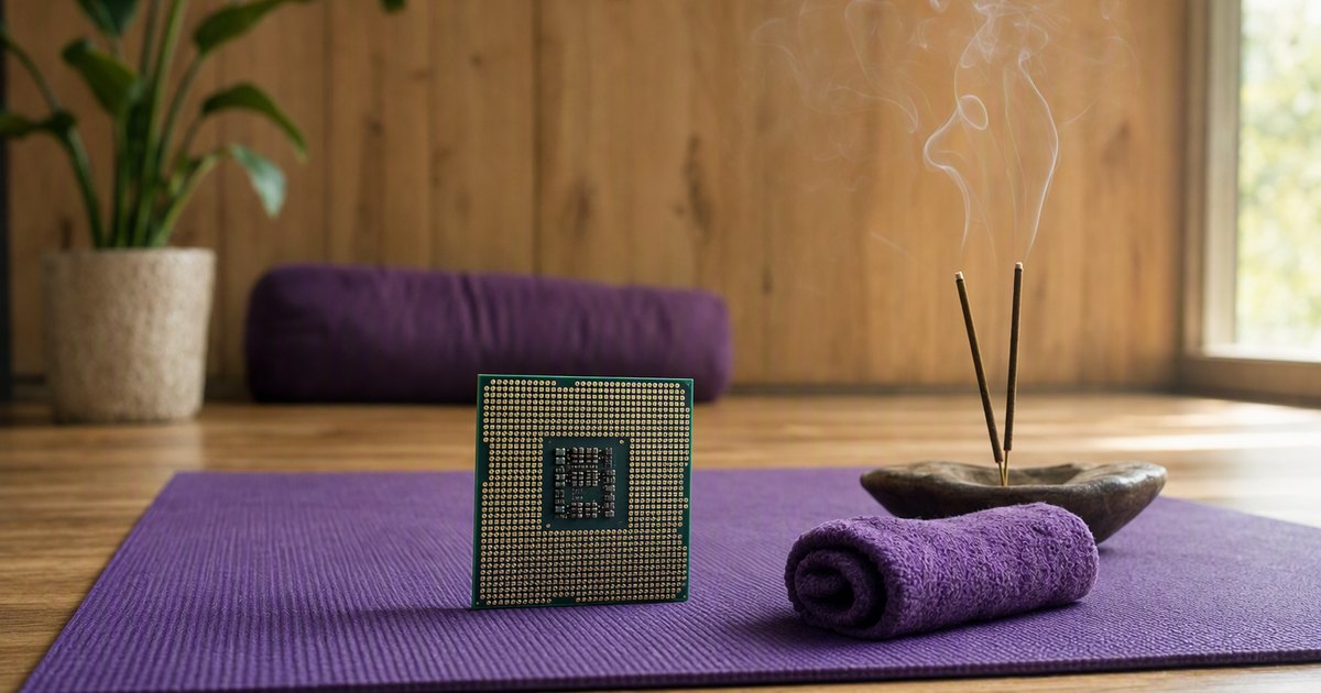 A computer processor chip stands upright in the centre of a yoga mat. A sweatband and burning incense lie beside it