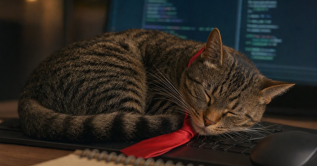 A tabby cat sleeps on a laptop keyboard wearing a red silk necktie. The screen behind shows a wall of code