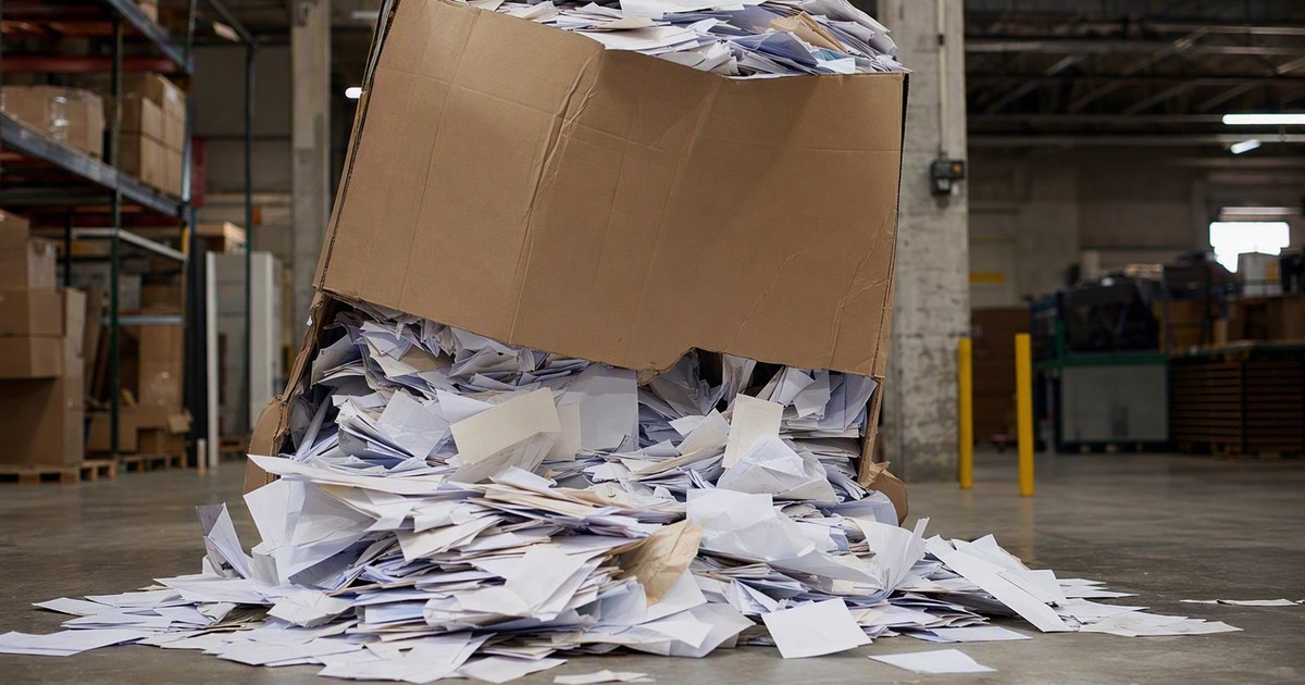 A cardboard moving box is crammed past full with paper. The bottom bursts open in the middle. Sheets cascade out