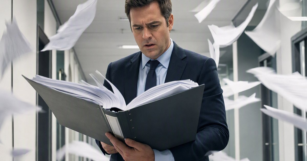 A businessman in a corridor holds an open thousand-page binder. Loose sheets from the middle fly around him