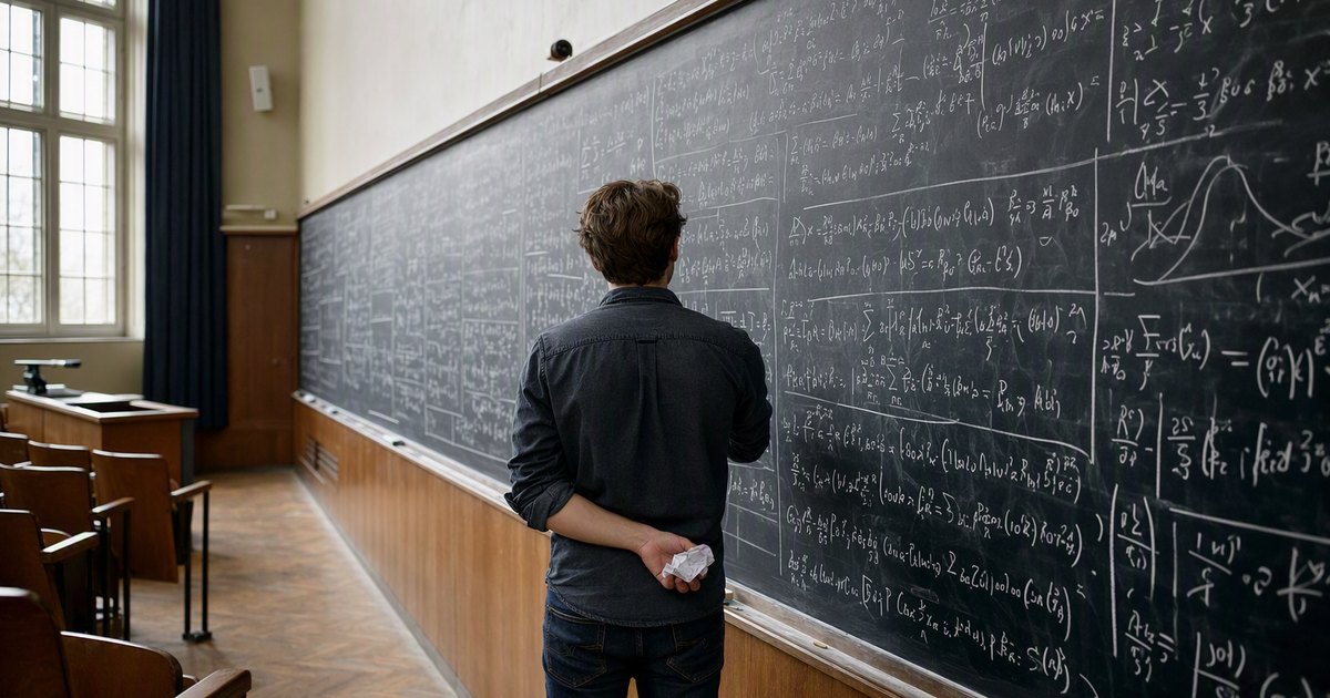 A student stands at a long lecture hall blackboard covered end to end with dense equations, seen from behind. A crumpled note is hidden behind his back