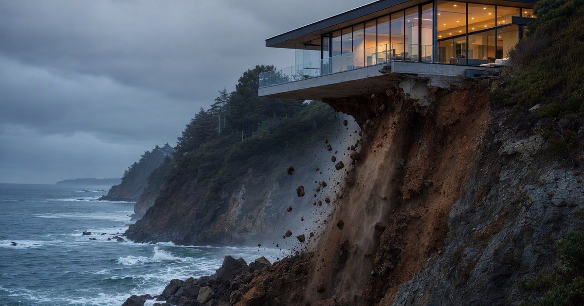 A modern glass house stands at the edge of a coastal cliff. A section of the cliff beneath one corner has already broken away