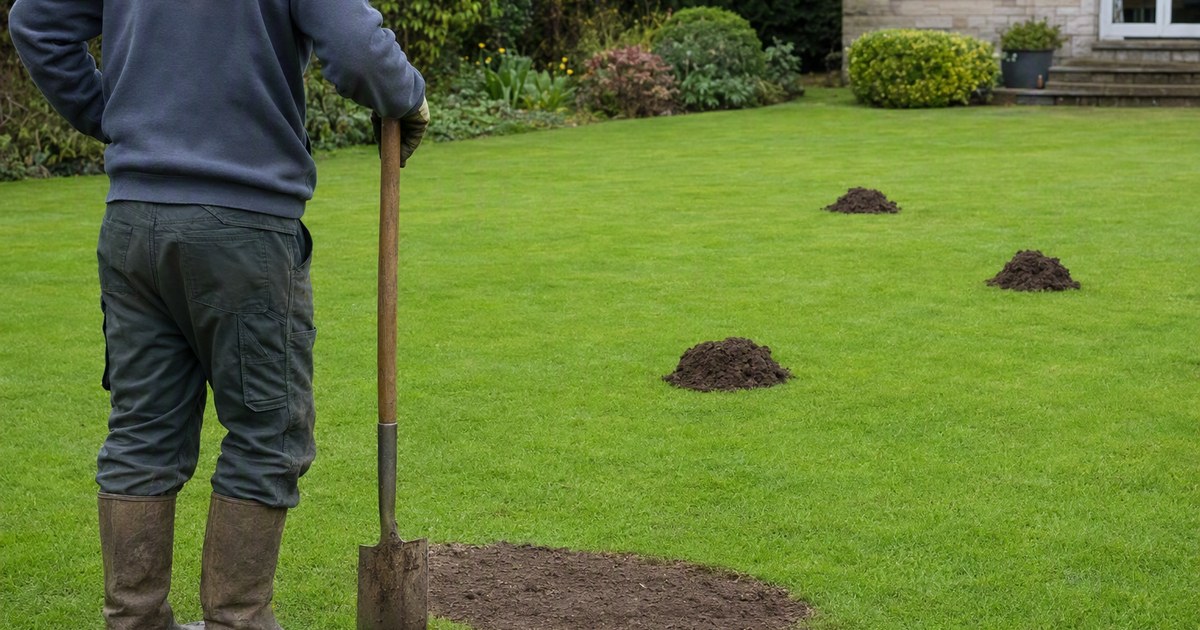 Ein Gärtner lehnt am Spaten neben einer frisch geebneten Stelle im Rasen, hinter seinem Rücken sind drei neue Maulwurfshügel aufgeworfen