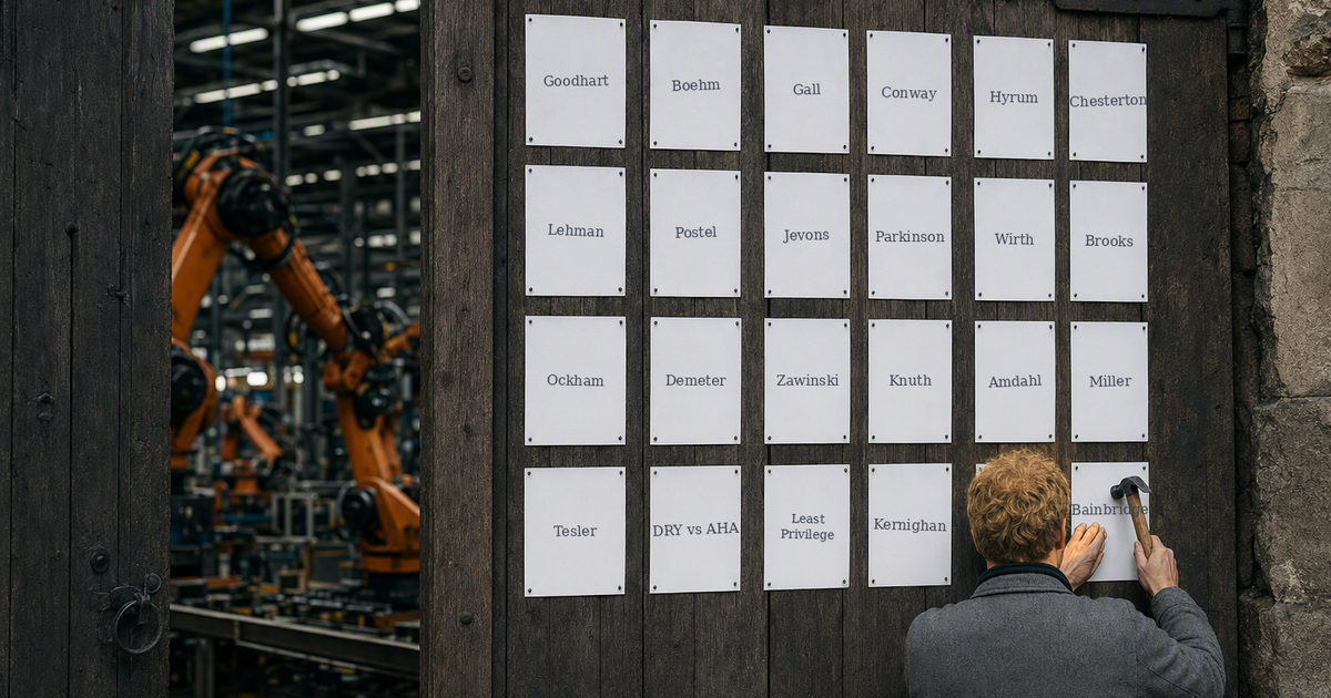 Ein Mann von hinten nagelt Zettel mit Gesetzesnamen (Goodhart, Boehm, Gall, Conway, Hyrum, Chesterton und weitere) an das Holztor einer Roboterfabrik, im Hintergrund orangene Roboterarme