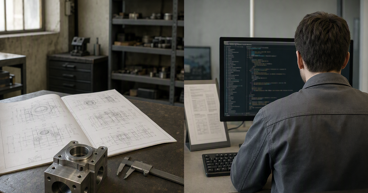 Zweigeteiltes Bild: links eine Werkbank mit technischer Zeichnung, Metallteil und Messschieber, rechts ein Schreibtisch mit Code auf dem Schirm, dem Spezifikationsblatt daneben und einem Mann von hinten