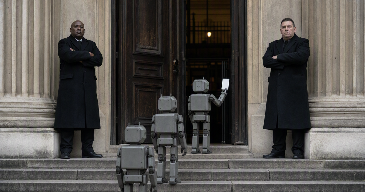 Zwei Türsteher mit sichtbarem Gesicht stehen rechts und links vor dem Eingang einer Bibliothek und prüfen eine Schlange kleiner Roboter, die einlassen möchten