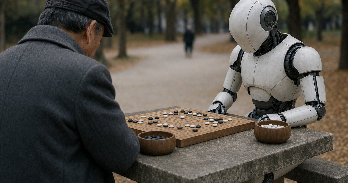 Ein älterer Mann von hinten in grauem Mantel sitzt an einem Steintisch im Park einem humanoiden Roboter gegenüber, zwischen ihnen ein Go-Brett mit Steinen in einer unfertigen Stellung