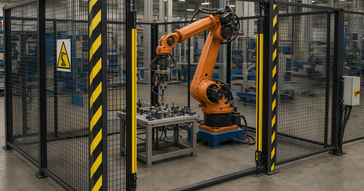 Ein Industrieroboter arbeitet in einer eingezäunten Roboterzelle mit Sicherheitszaun, gelb-schwarzen Warnstreifen und einem verriegelten Zugangstor, im Hintergrund eine weite Fertigungshalle