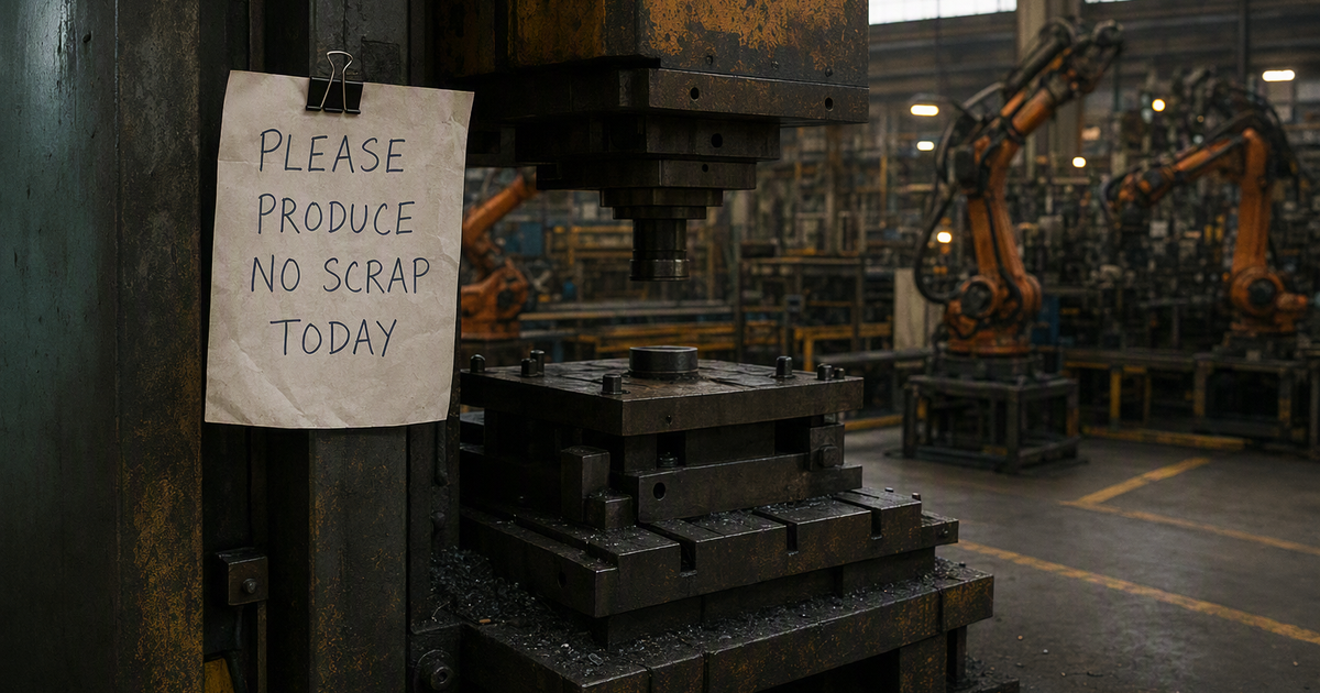 Eine Stanzmaschine in einer Industriehalle, daran mit einer Klammer ein handgeschriebenes Schild befestigt: Bitte heute keinen Ausschuss produzieren, im Hintergrund unscharfe orangene Roboterarme