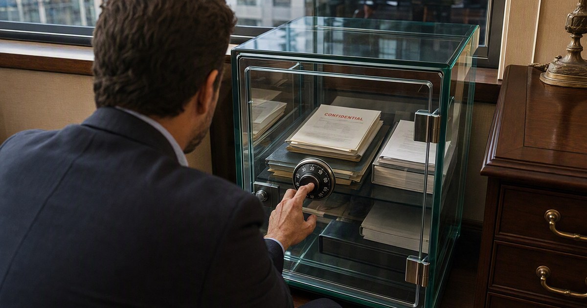 Eine Person öffnet einen gläsernen Tresor mit sichtbarer Schliessmechanik; im Tresor liegt ein Stapel Papiere, obenauf eines mit der Aufschrift CONFIDENTIAL