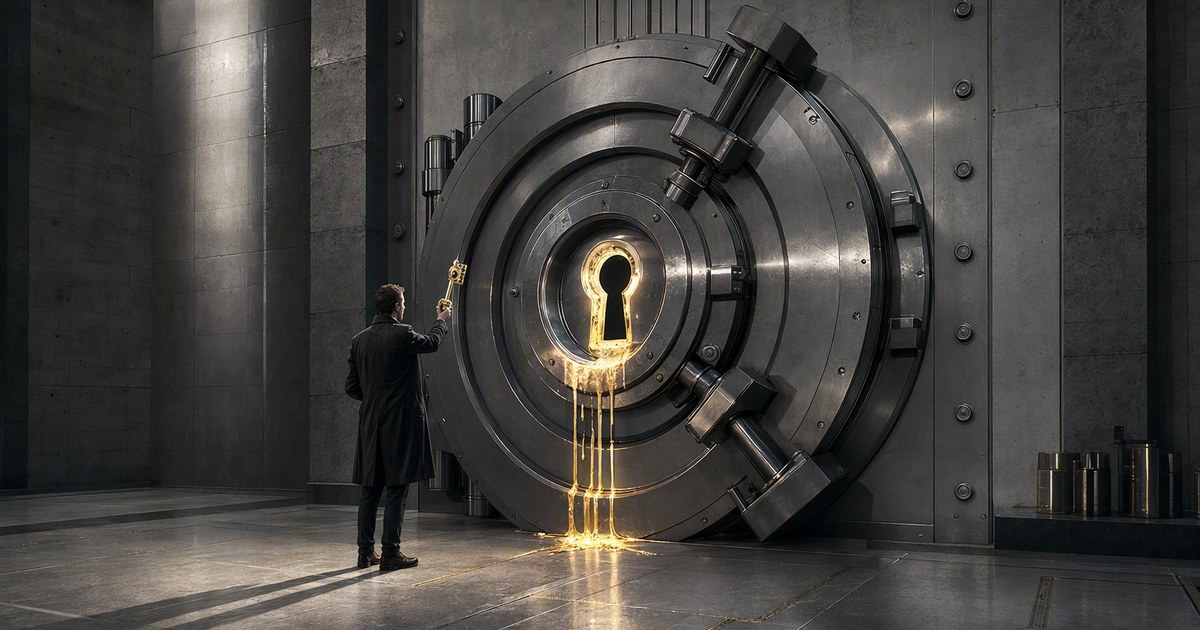 A person stands small in front of an enormous polished steel vault door and holds up a golden key. The keyhole in the door runs and changes shape like liquid metal