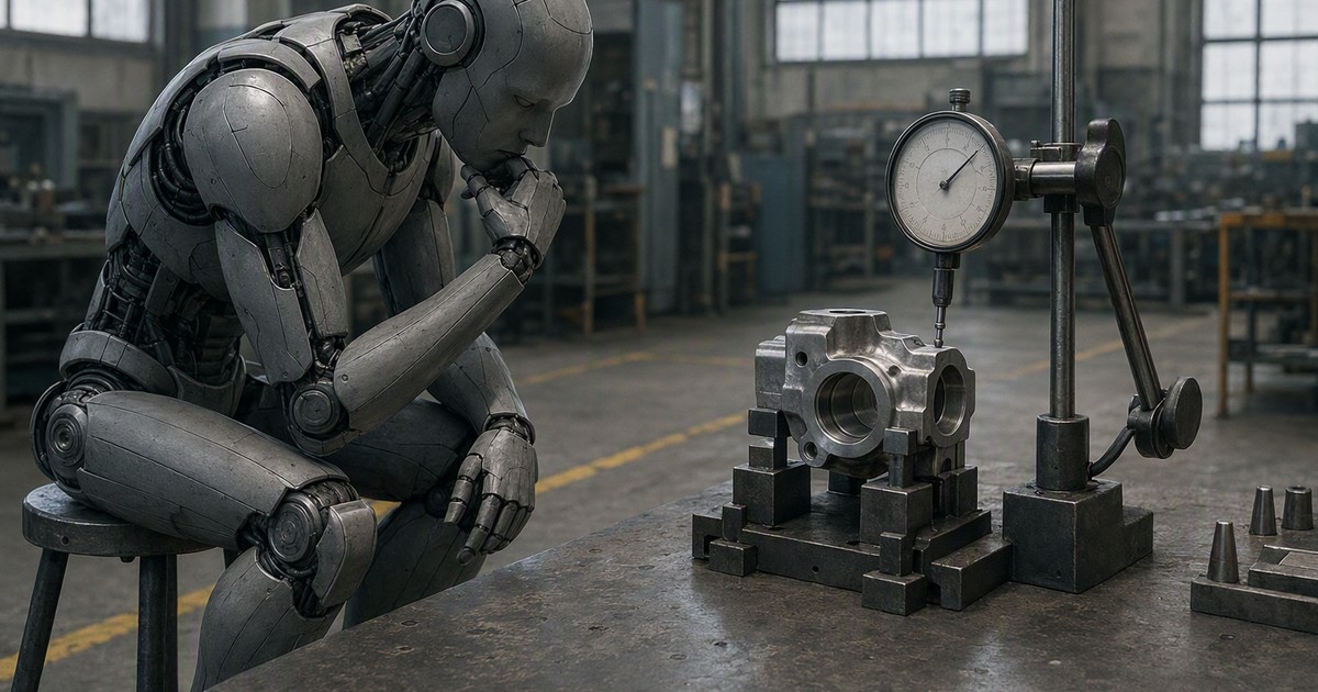 Ein Roboter sitzt in der Pose von Rodins Denker an einem Prüftisch; vor ihm steht ein gespanntes Werkstück unter einer Messuhr, deren Zeiger einen Wert anzeigt