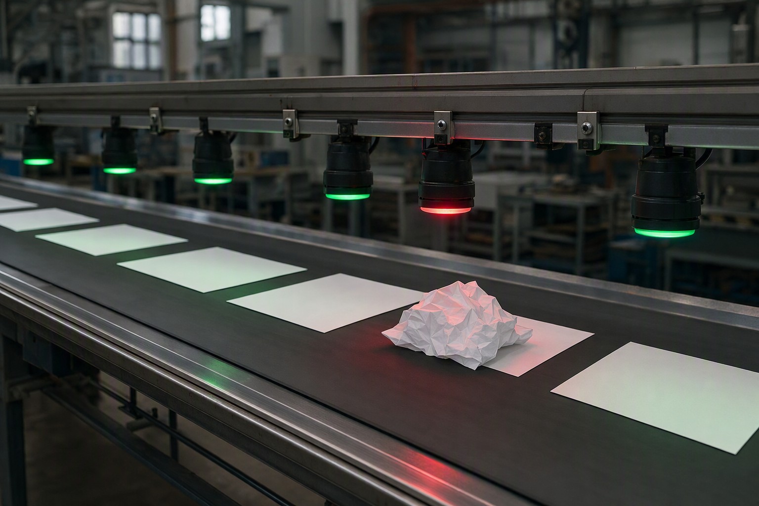 A conveyor belt with a row of clean white sheets and one crumpled sheet among them; the inspection lamp directly above the crumpled sheet glows red while all others glow green
