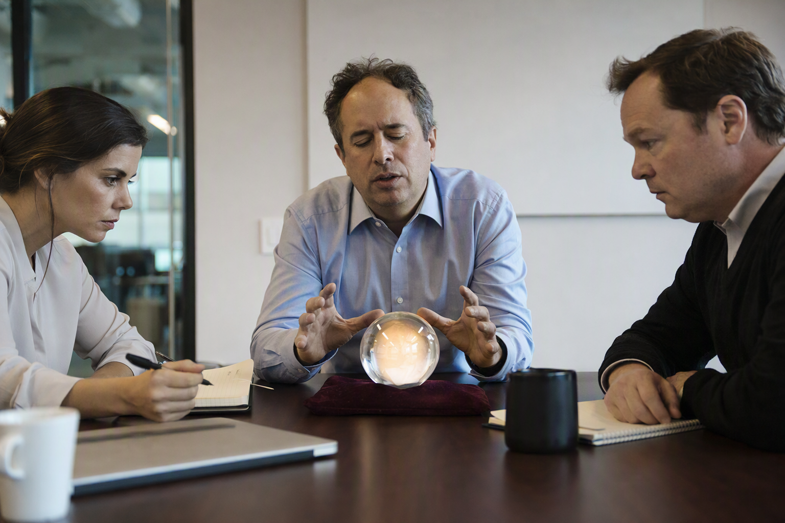 Three people at a meeting table, the man in the middle holding his hands over a glowing crystal ball