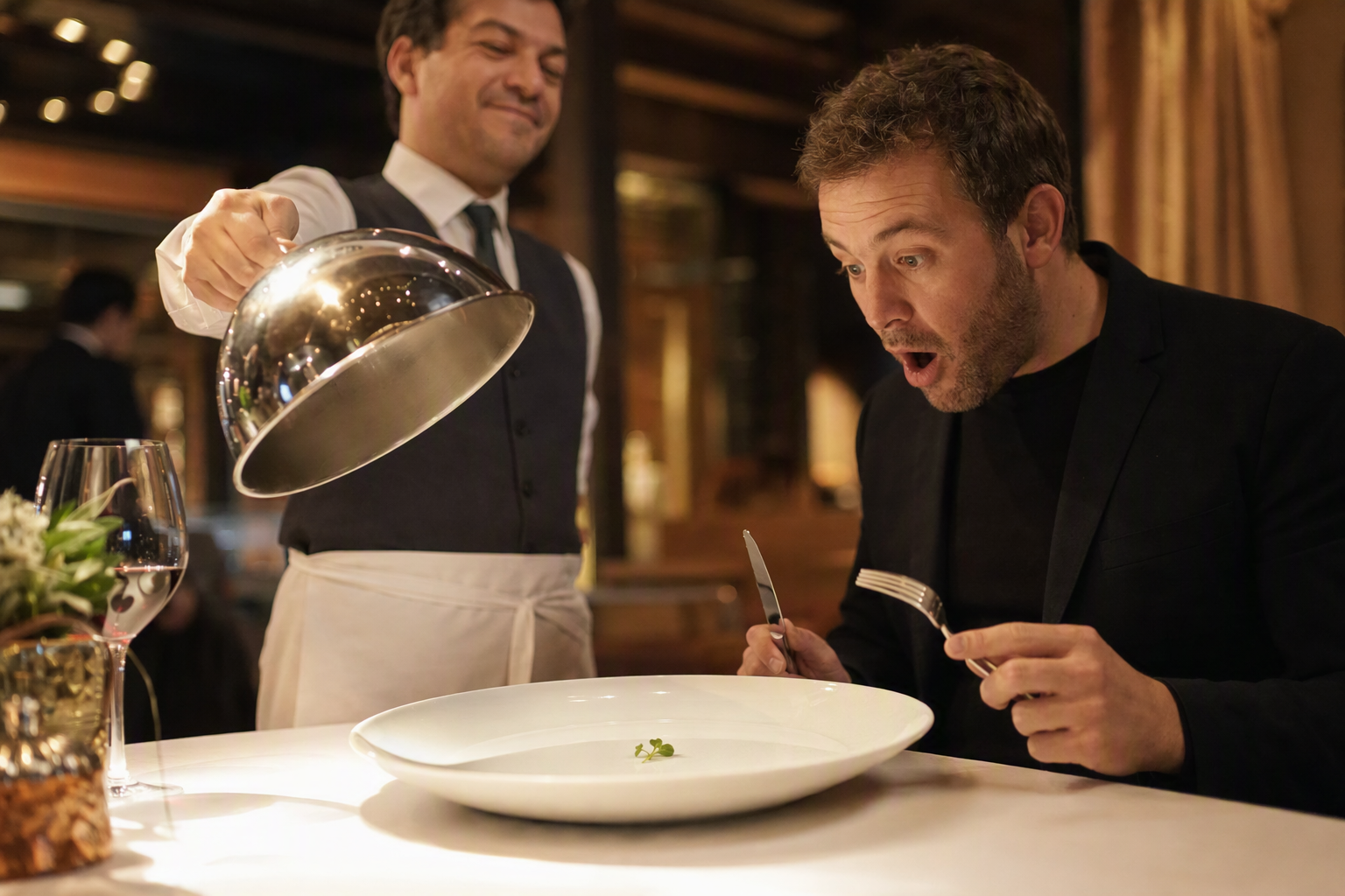 A waiter lifts the cloche, underneath sits an empty plate with a single leaf, the guest stares wide eyed