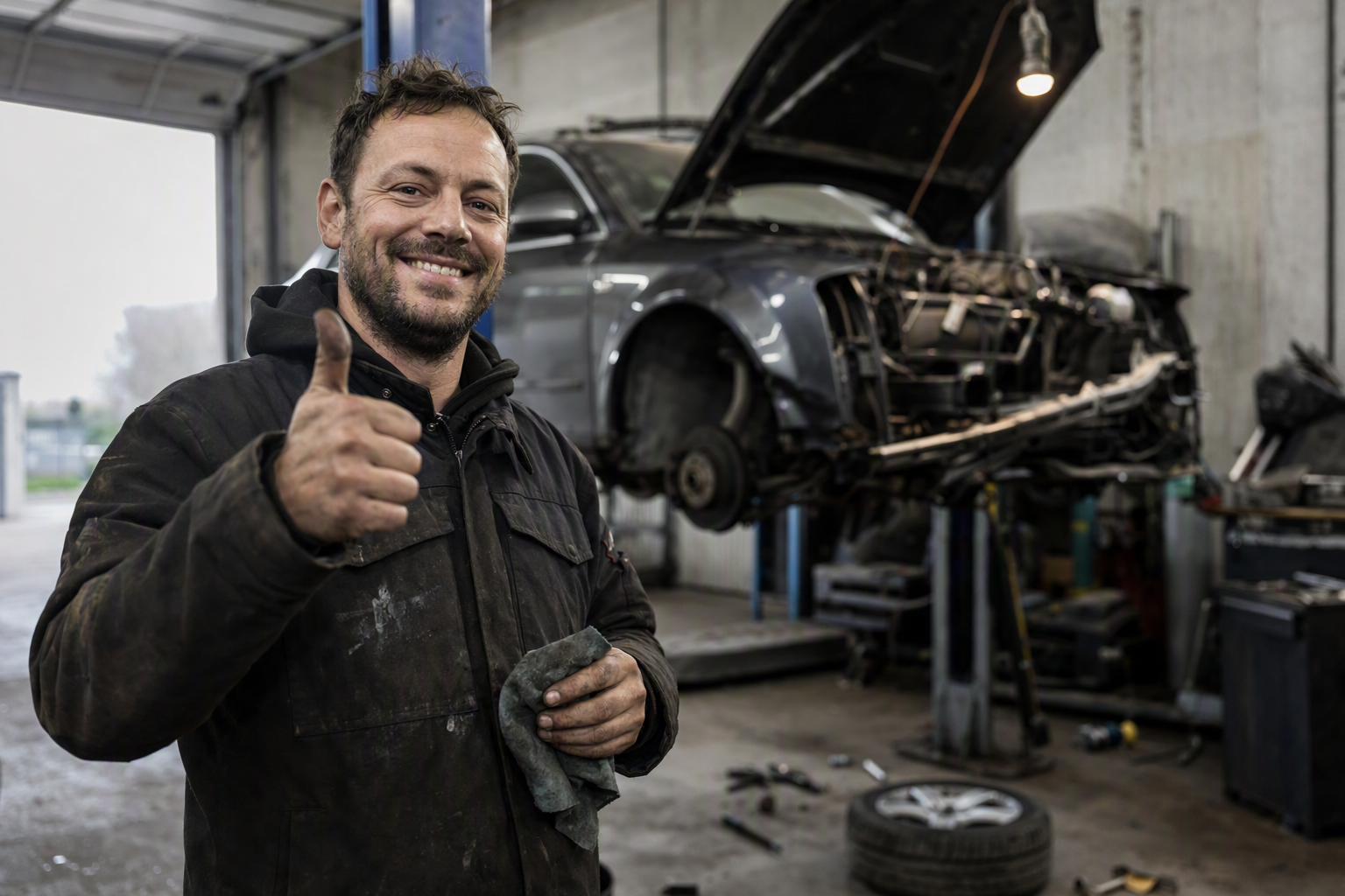 A mechanic in a dirty work jacket gives a smiling thumbs up, behind him a stripped down car sits on the lift