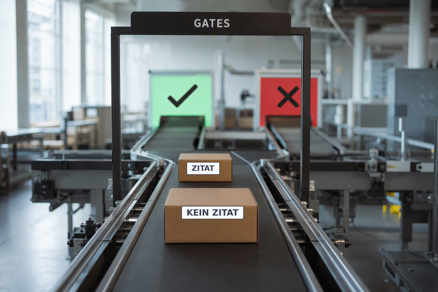 Zwei Pakete laufen unter einem Torbogen mit der Aufschrift GATES auf einem Förderband. Das Paket mit der Markierung ZITAT läuft durch ein grünes Tor mit Haken, das Paket mit der Markierung KEIN ZITAT läuft auf ein rotes Tor mit Kreuz zu.