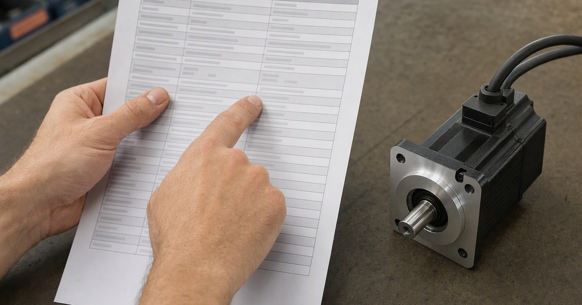 Zwei Hände halten ein gedrucktes Datenblatt neben einem kleinen Servomotor auf der Werkbank, ein Finger zeigt auf eine Zeile der Seite