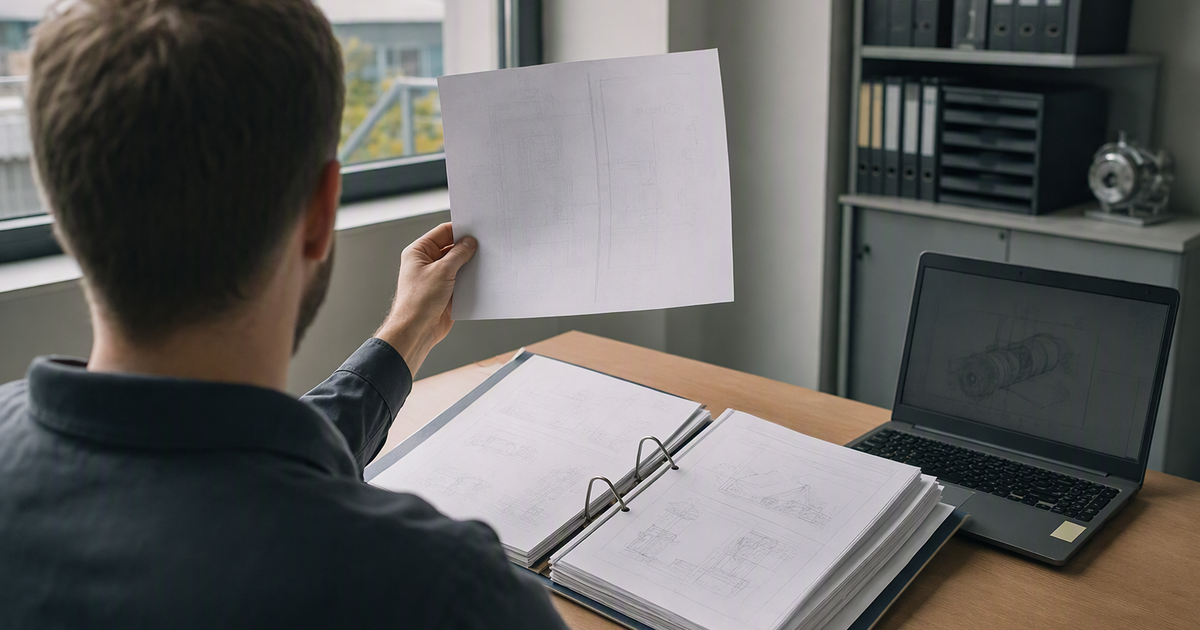Ein Ingenieur von hinten am Schreibtisch hält ein einzelnes Blatt gegen das Fensterlicht, davor ein aufgeschlagener Ordner mit technischen Zeichnungen und ein Laptop