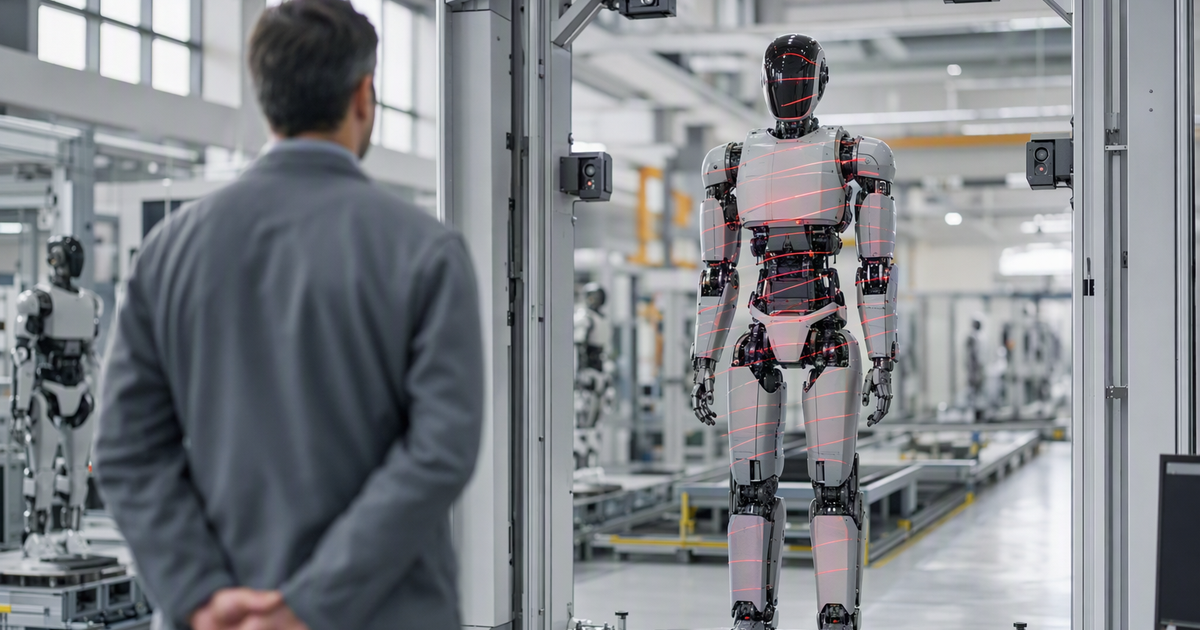 In einer Roboterfabrik steht ein humanoider Roboter aufrecht im Scan-Portal, rote Laserlinien laufen über seinen Körper; im Vordergrund beobachtet ein Qualitätsingenieur mit hinter dem Rücken verschränkten Händen die Prüfung, von hinten gesehen
