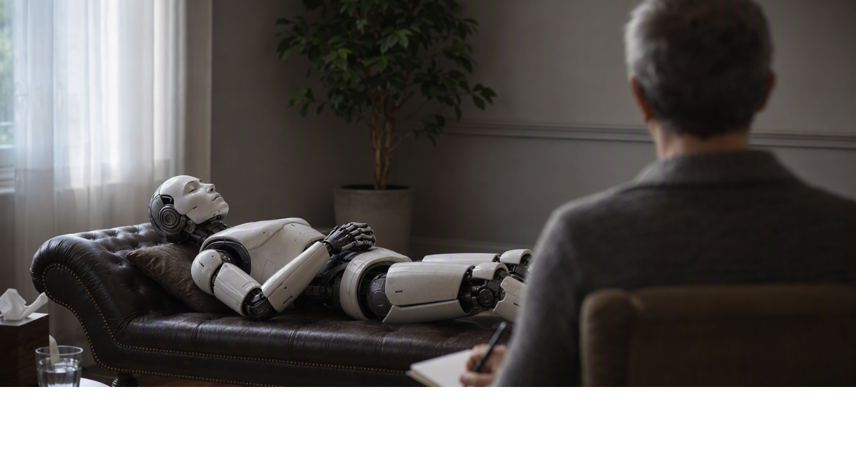 Ein weißer humanoider Roboter liegt wie ein Patient auf einer ledernen Therapiecouch, im Vordergrund sitzt der Therapeut mit Notizblock, nur von hinten zu sehen